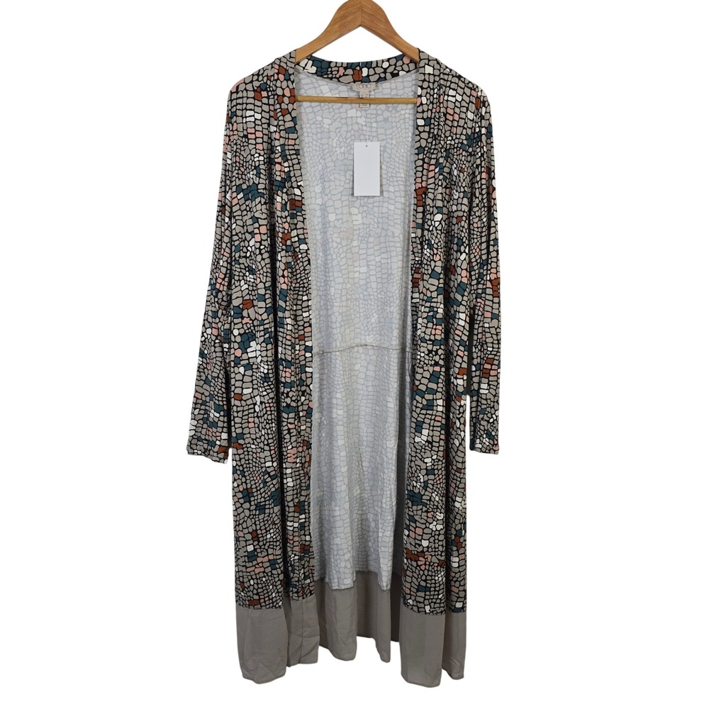 LOGO by Lori Goldstein Mosaic Pebble Duster Cardigan 1X NWT Open Front Longline
